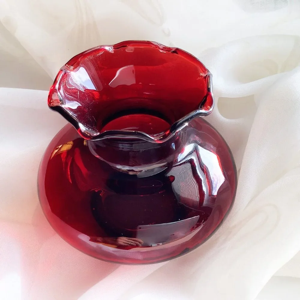 Vintage Handblown Glass Vase Garnet Red Small Ruffled Edge Hand Blown